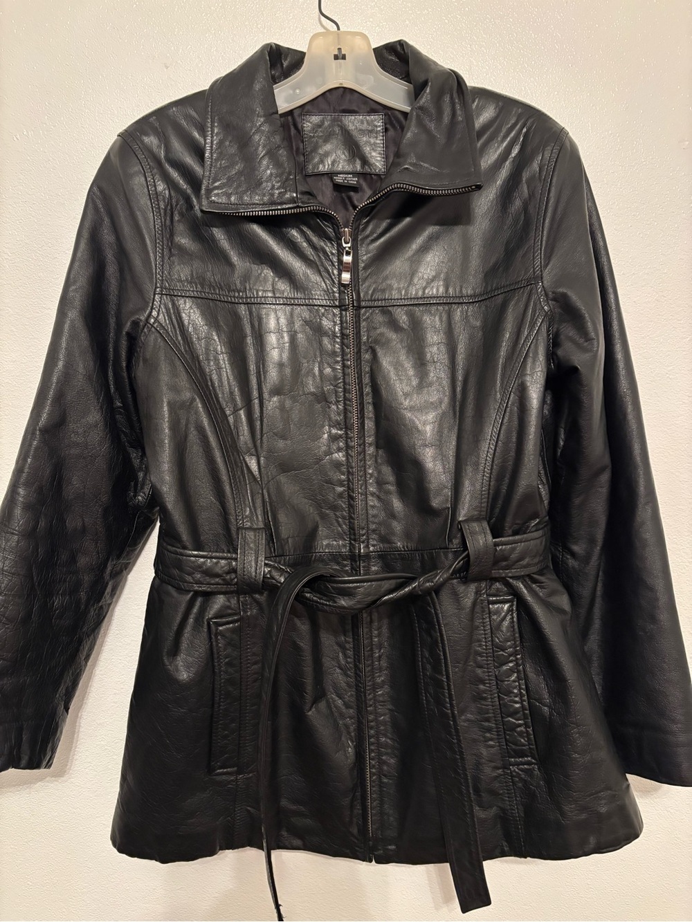 Kathy Ireland vintage Black Leather Zip-Up Jacket with Waist Tie M